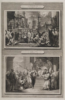 KG 12124
          <br/>
          Illustraties uit de Bijbel van Martin, Handelingen XII. Vs.23., XIII.Vs.11. Herodes door een Engel geslagen & Paulus slaat Elymas met blindheid.
          <br/>
          <em>Elandt, Hendrick (?-1705)</em>